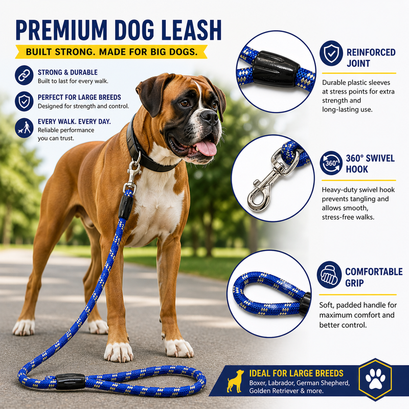 Heavy Duty Nylon Rope Dog Leash for Large Dogs | Strong Metal Hook | Thick Rope | Comfortable Handle