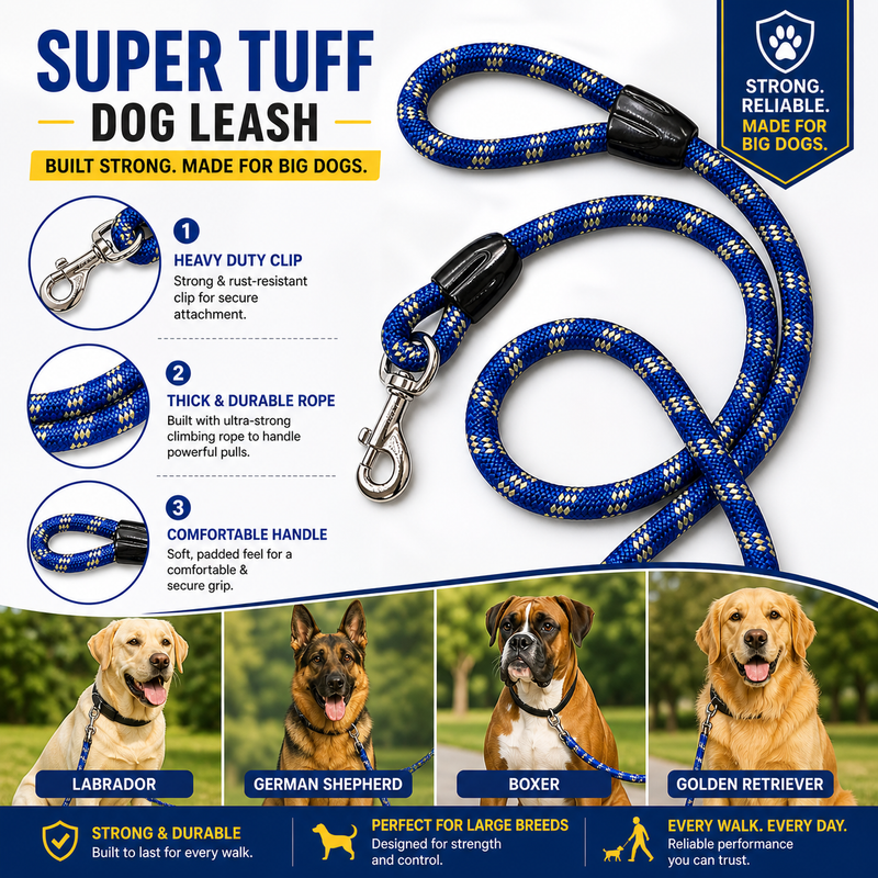 Heavy Duty Nylon Rope Dog Leash for Large Dogs | Strong Metal Hook | Thick Rope | Comfortable Handle