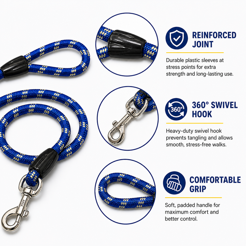 Heavy Duty Nylon Rope Dog Leash for Large Dogs | Strong Metal Hook | Thick Rope | Comfortable Handle