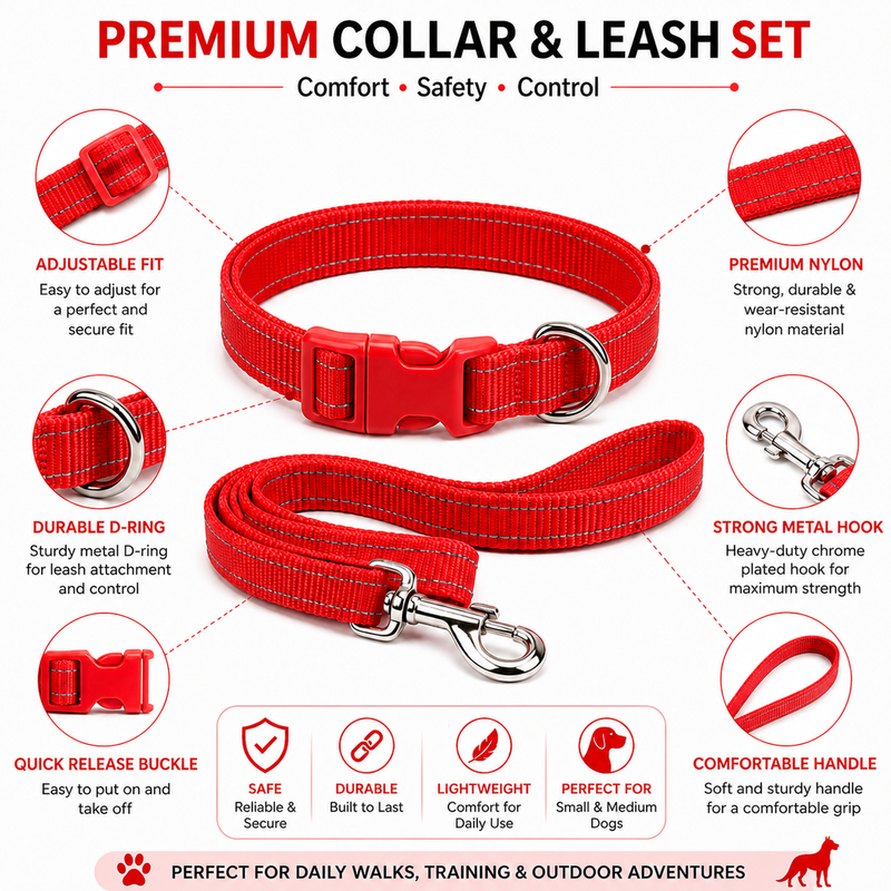 Puppy Collar & Leash Set – Adjustable Red Nylon Collar | Lightweight, Strong & Comfortable
