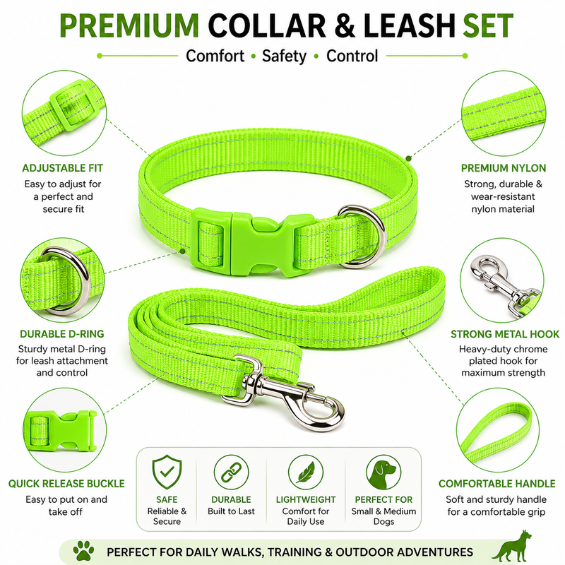 Puppy Collar & Leash Set – Adjustable Neon Green Nylon Collar | Lightweight, Strong & Comfortable