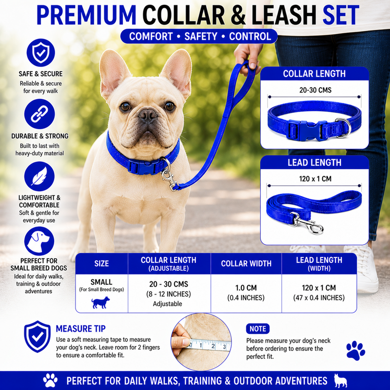 Puppy Collar & Leash Set – Adjustable Blue Nylon Collar | Lightweight, Secure & Comfortable