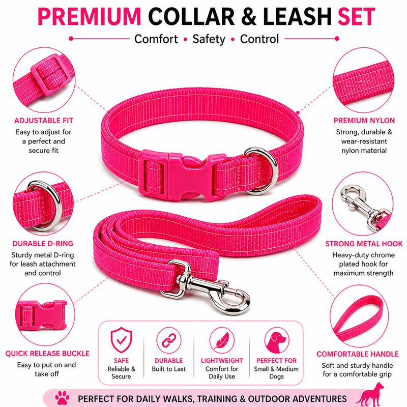 Puppy Collar & Leash Set – Adjustable Nylon Collar | Lightweight, Secure & Comfortable (Pink)