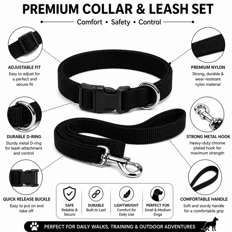 Puppy Collar & Leash Set – Adjustable Black Nylon Collar | Strong, Comfortable & Everyday Use