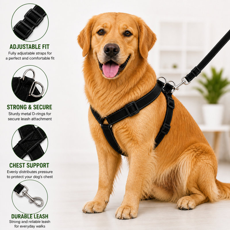 Black Dog Harness with Leash Set – Adjustable Nylon Harness | Comfortable, Secure & Easy Control