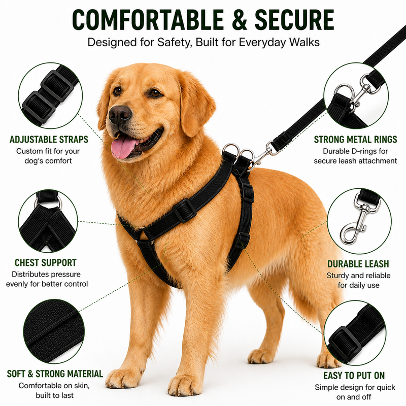 Black Dog Harness with Leash Set – Adjustable Nylon Harness | Comfortable, Secure & Easy Control