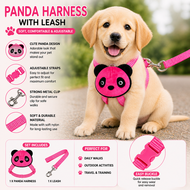 Panda Dog Harness with Leash – Soft, Comfortable & Adjustable | Perfect for Puppies & Small Dogs