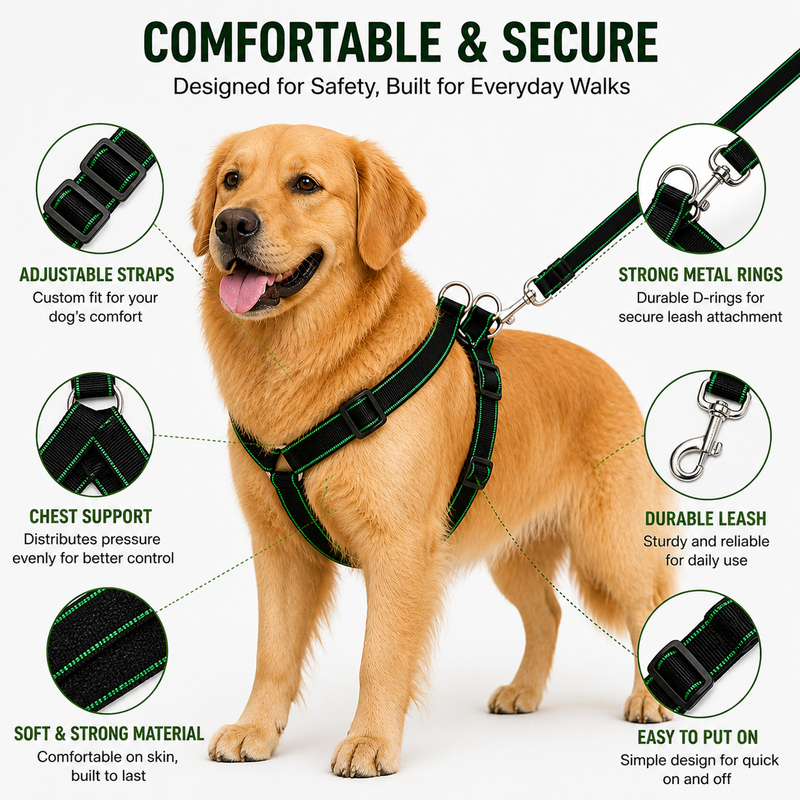 Heavy Duty Dog Harness with Leash – Adjustable Nylon Harness | Strong & Comfortable Control