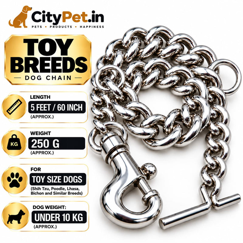 Furry Friend Chrome Steel Dog Chain Leash for Toy & Small Dogs, Length 5 Feet (60 Inch), Approx. Weight 250 g, with Heavy Metal Snap Hook & T-Bar Handle