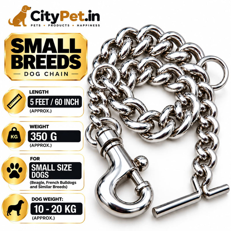 Furry Friend Small Breeds Chrome Steel Dog Chain Leash for Small & Medium Dogs, Length 5 Feet (60 Inch), Approx. Weight 350 g, with Heavy Metal Snap Hook & T-Bar Handle