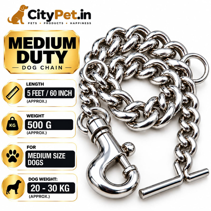 Furry Friend Medium Duty Chrome Steel Dog Chain Leash for Medium Size Dogs, Length 5 Feet (60 Inch), Approx. Weight 500 g, with Heavy Metal Snap Hook & T-Bar Handle