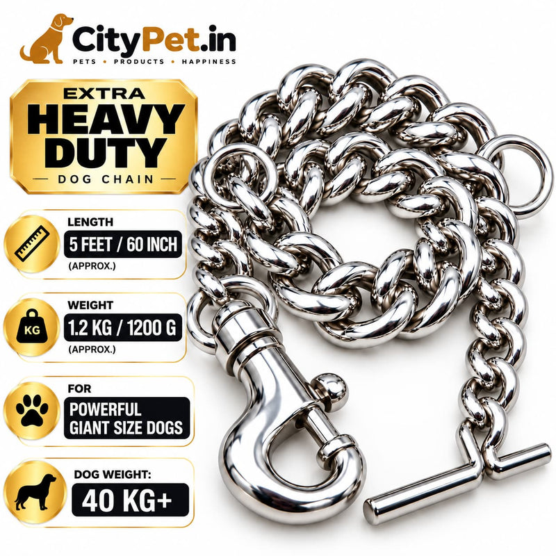 Furry Friend Extra Heavy Duty Chrome Steel Dog Chain Leash for Powerful Dogs & Giant Breeds , Length 5 Feet (60 Inch), Approx. Weight 1.2 kg, with Heavy Metal Snap Hook & T-Bar Handle