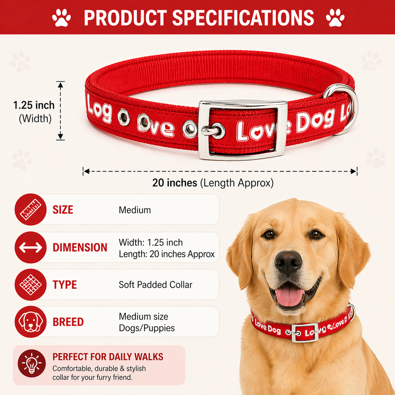 Love Dog Soft Padded Dog Collar – Medium Size | Comfortable, Strong & Adjustable