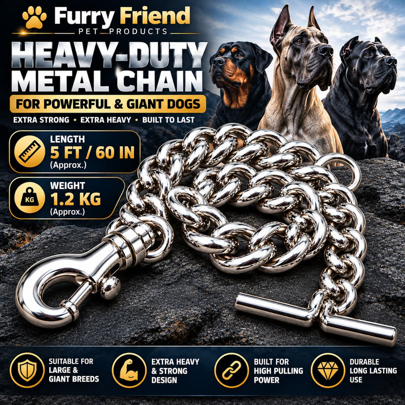 Furry Friend Extra Heavy Duty Chrome Steel Dog Chain Leash for Powerful Dogs & Giant Breeds , Length 5 Feet (60 Inch), Approx. Weight 1.2 kg, with Heavy Metal Snap Hook & T-Bar Handle