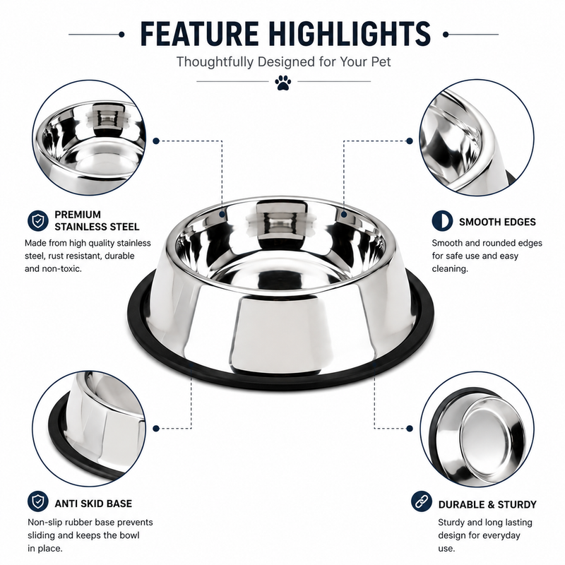 Furry Friend Anti Skid Stainless Steel Dog Bowl for Puppies & Dogs | Non Slip Food & Water Bowl