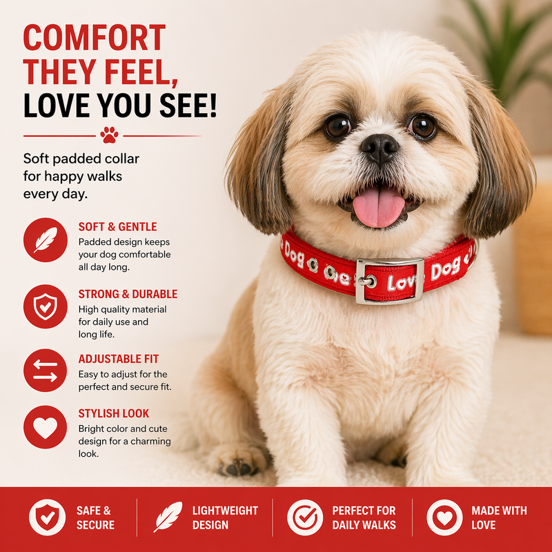 Love Dog Soft Padded Dog Collar – Medium Size | Comfortable, Strong & Adjustable