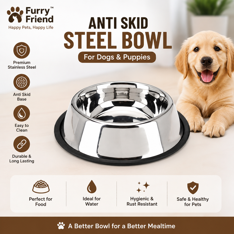 Furry Friend Anti Skid Stainless Steel Dog Bowl for Puppies & Dogs | Non Slip Food & Water Bowl