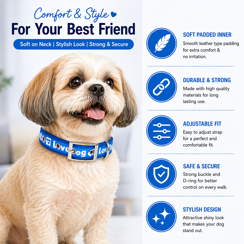 Love Dog Soft Padded Dog Collar – Medium Size | Strong, Comfortable & Adjustable