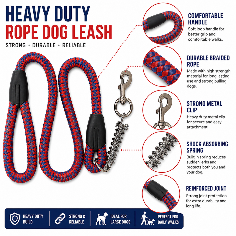 Furry Friend 65 Inch Heavy Duty Dog Nylon Rope Leash for Medium & Large Dogs – Shock Absorber Spring, Strong Grip & Durable Build