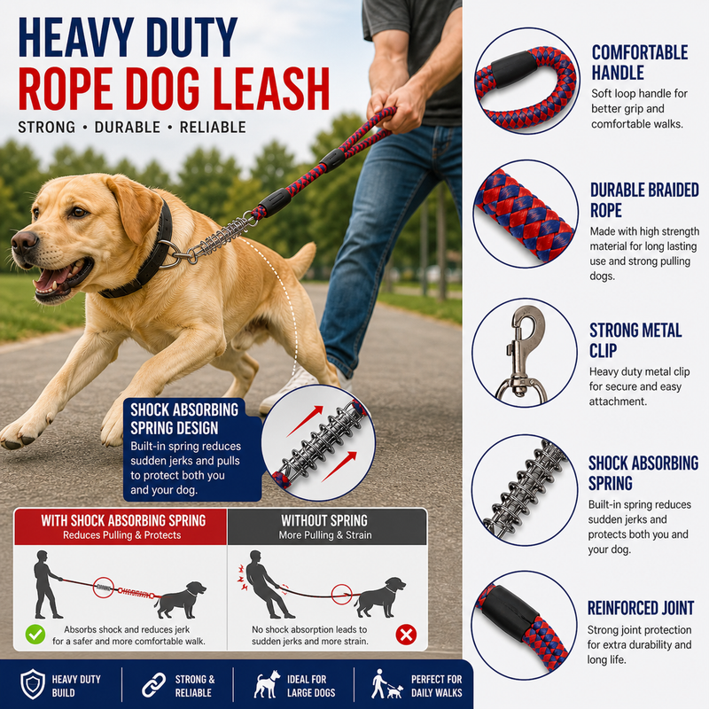 Furry Friend 65 Inch Heavy Duty Dog Nylon Rope Leash for Medium & Large Dogs – Shock Absorber Spring, Strong Grip & Durable Build