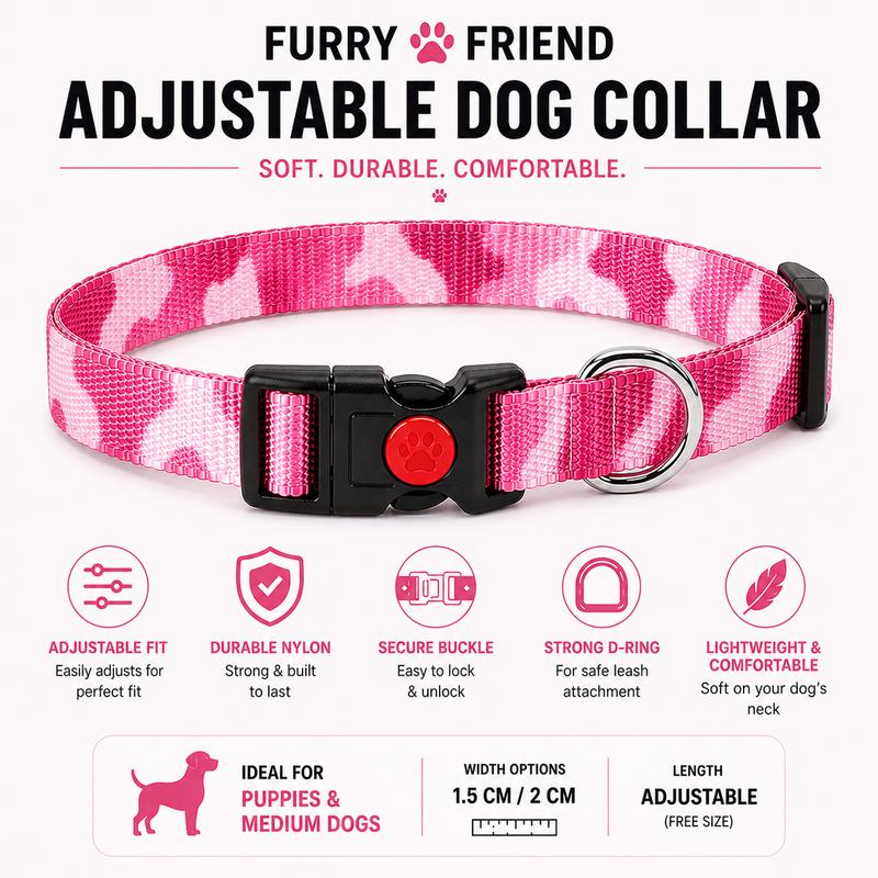 Furry Friend Adjustable Nylon Dog Collar for Puppies & Medium Dogs | Soft, Durable & Comfortable