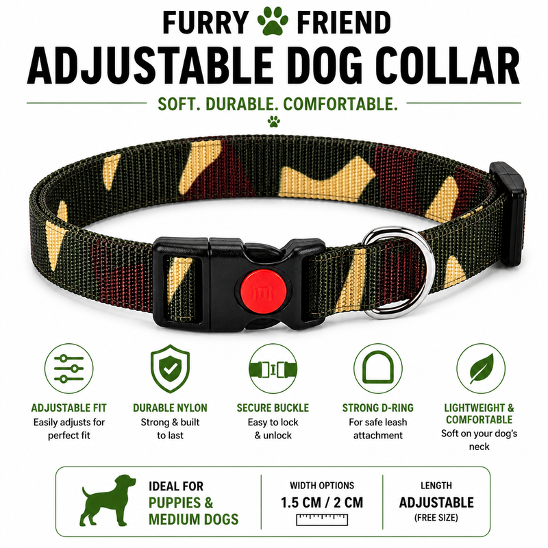 Furry Friend Adjustable Nylon Dog Collar for Puppies & Medium Dogs | Soft, Durable & Comfortable