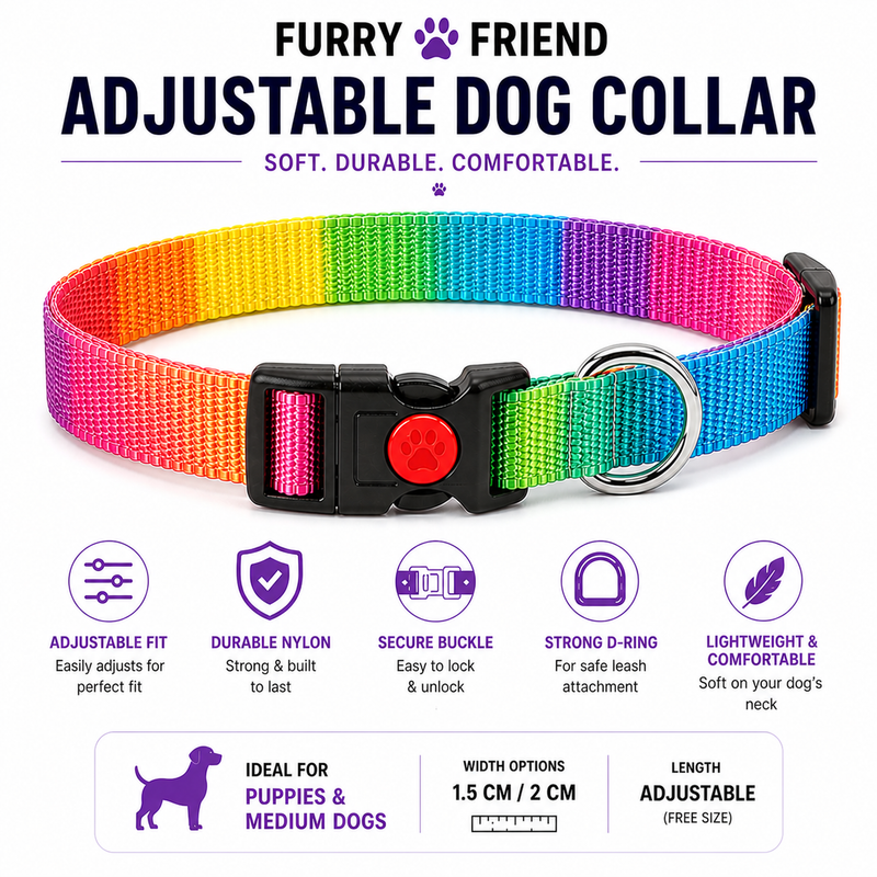 Furry Friend Adjustable Nylon Dog Collar for Puppies & Medium Dogs | Soft, Durable & Comfortable
