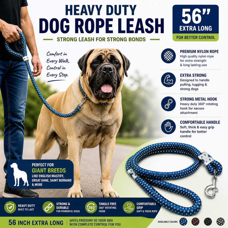 Furry Friend Heavy Duty Dog Rope Leash 56 Inch for Large & Strong Dogs (Rottweiler, Great Dane) – Durable Nylon, Comfortable Grip