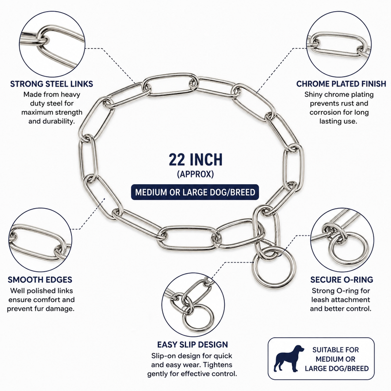 Furry Friend Chrome Plated Long Link Choke Chain 22 inch for Dogs | Training Slip Chain | Strong Steel