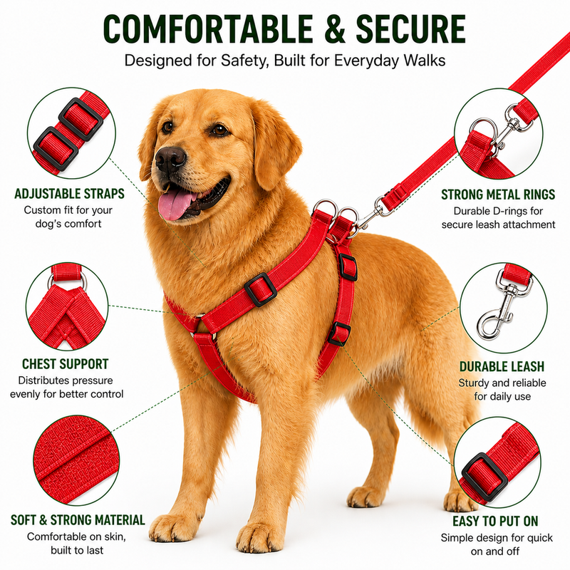 Red Dog Harness with Leash Set – Adjustable Nylon Harness | Comfortable, Secure & Easy Control