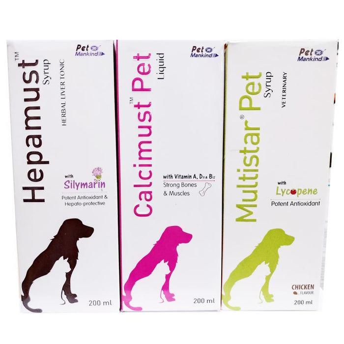 Pet Mankind Multistar Pet Multivitamin + Calcimust Pet Calcium Syrup +  Hepamust Herbal Liver Supplement 200 ml Combo Pack